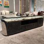 Luxury TV Stand with Dark Natural Wood Veneer Marble Top Embossed Side Panels and Stainless Steel Handles